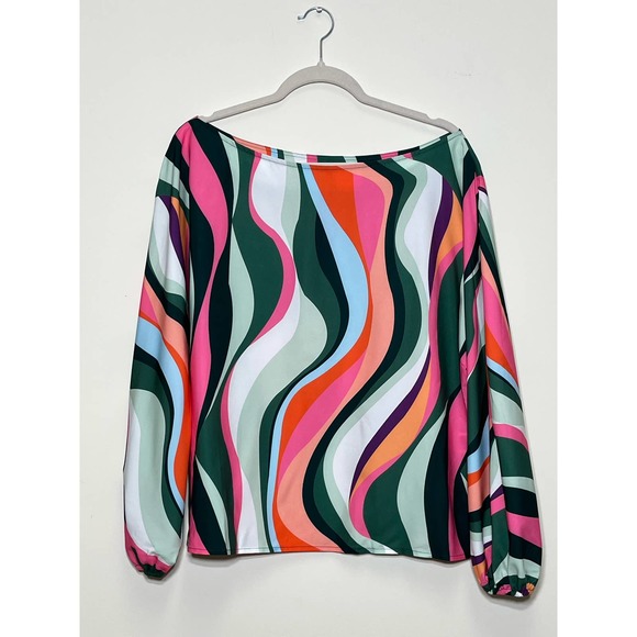 New SHEIN LUNE Allover Print Asymmetrical Neck Bishop Sleeve Blouse Large - Picture 2 of 8